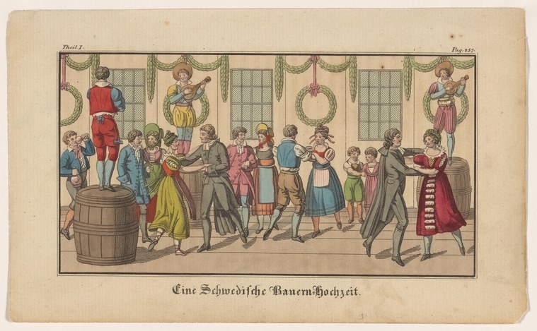 Hand-colored engraving of a crowded indoor wedding celebration with dancers and onlookers in early modern Scandinavian peasant dress.