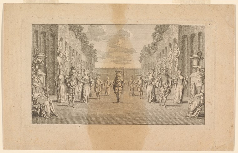 Engraving of couples dancing in a grand neoclassical colonnade lined with statuary, circa 18th century.