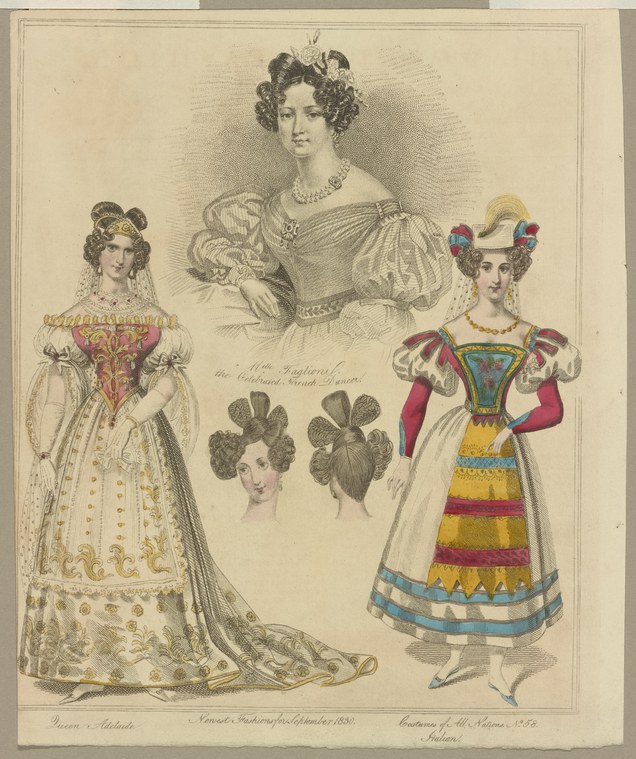 Three women in 1830s gowns with puffed sleeves and narrow waists; two sketches of elaborate looped hairstyles between them.