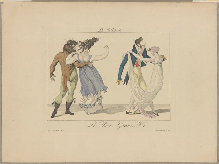 Hand-colored engraving showing two couples in Regency dress. The right pair dances formally in closed waltz hold; the left pair gestures theatrically.