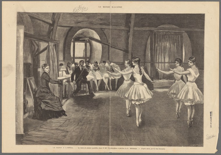 Ballet class at Paris Opéra: instructor observes young female dancers in tutus practicing in a vaulted studio.