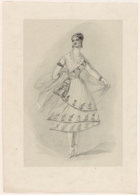 Pencil drawing of a young woman in white muslin dance dress with embroidered hem, standing in ballet pose with head tilted back.