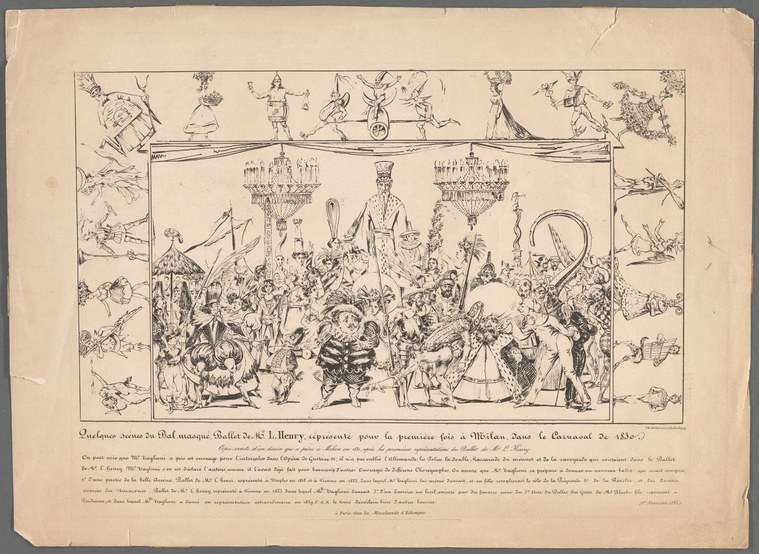 Engraving of a crowded masquerade ballroom in the center, surrounded by smaller vignettes of acrobats, musicians, and revelers.