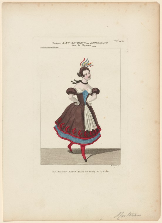 Colored engraving of a woman in burgundy and turquoise operatic costume with feathered headdress, standing in formal pose.
