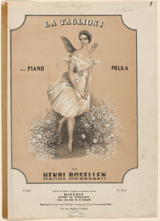 Winged female figure in flowing white dress standing among flowers, cover design for a polka dedicated to ballerina Marie Taglioni.