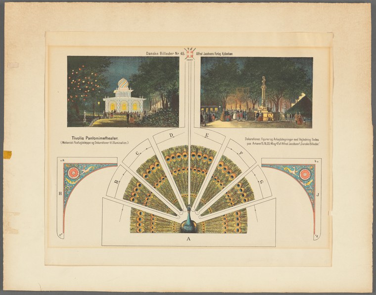 Chromolithograph showing architectural floor plan and two night scenes of Tivoli's Pantomime Theater in Copenhagen, with crowds and illuminated structures.