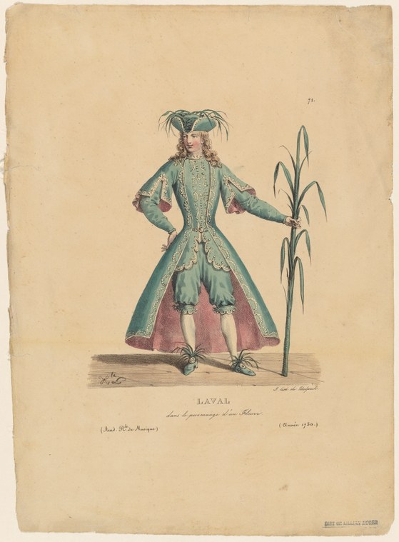 An 18th-century figure in teal and rose silk stands with arms extended in a graceful pose, with a drooping plant beside them.