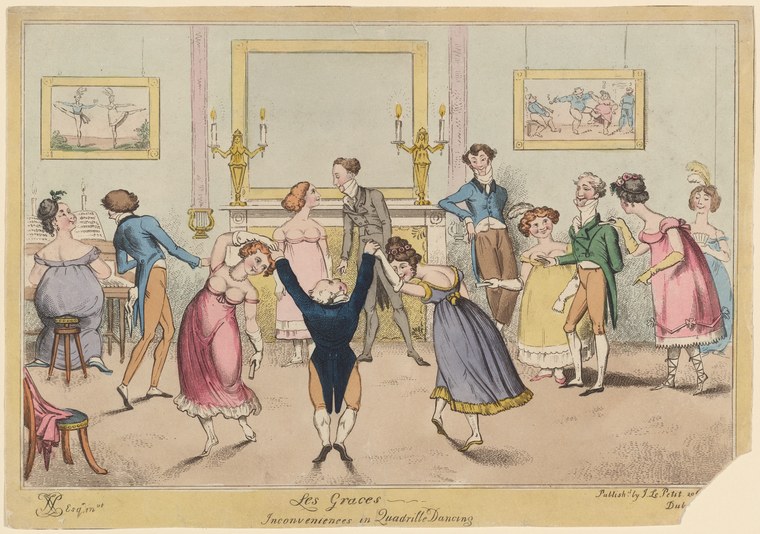 Hand-colored engraving of a ballroom scene with one man performing an exaggerated backward arch while other figures in Regency dress watch and gesture in