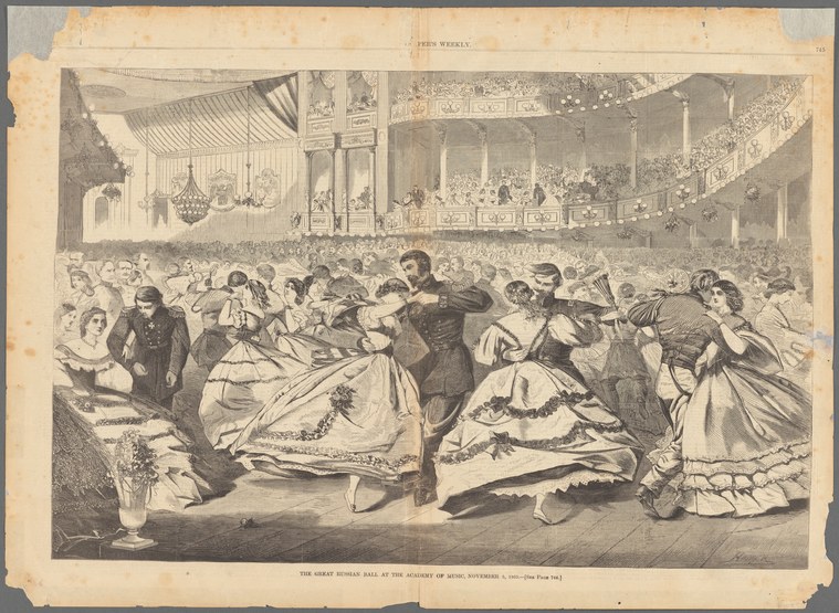 A wood engraving of dozens of formally dressed dancers waltzing in the ornate Academy of Music ballroom, with spectators in galleries above.