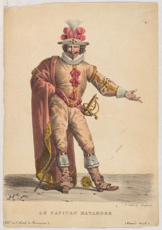 A man in red and cream 17th-century costume with white feathered headdress stands in theatrical pose, holding a scroll and wearing a sword.