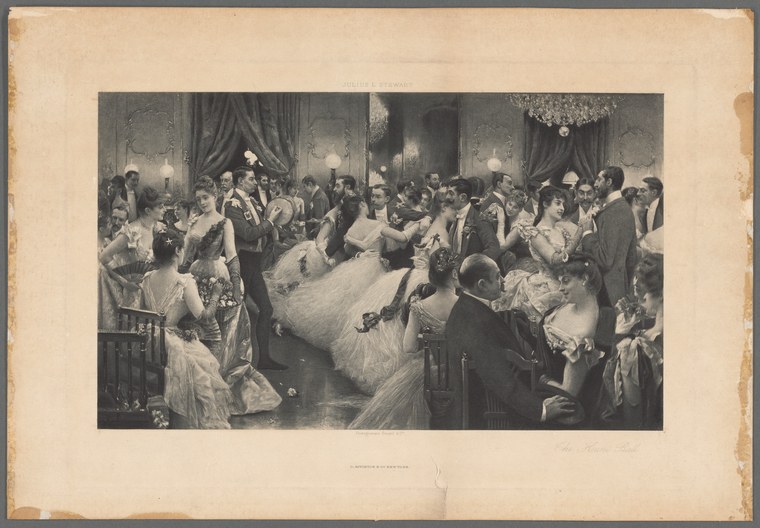 A crowded ballroom scene rendered in engraving, with formally dressed couples dancing among standing observers beneath ornate ceiling fixtures and heavy