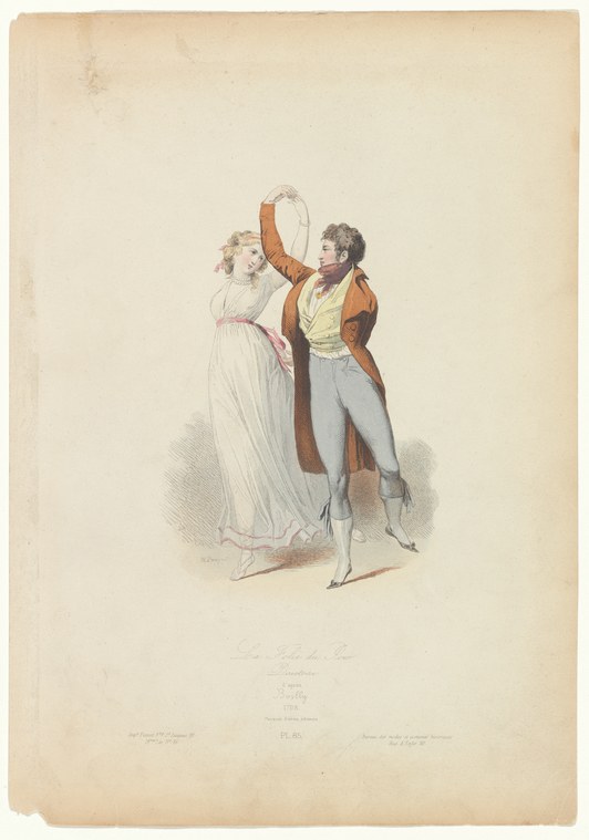 A well-dressed couple in Directoire-era clothing: the woman in a high-waisted white gown gazes at a hand mirror while the man gestures admiringly beside her.