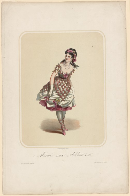 A woman in an ornate burgundy and gold theatrical costume with a voluminous white skirt stands in a relaxed pose with arm extended, gazing away.