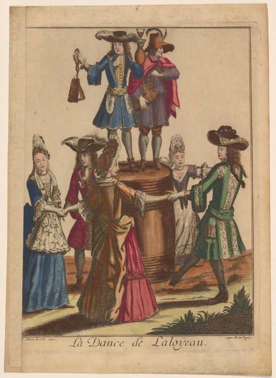 Three men in 18th-century coat and breeches dance on an elevated platform while four women in silk gowns watch from below.