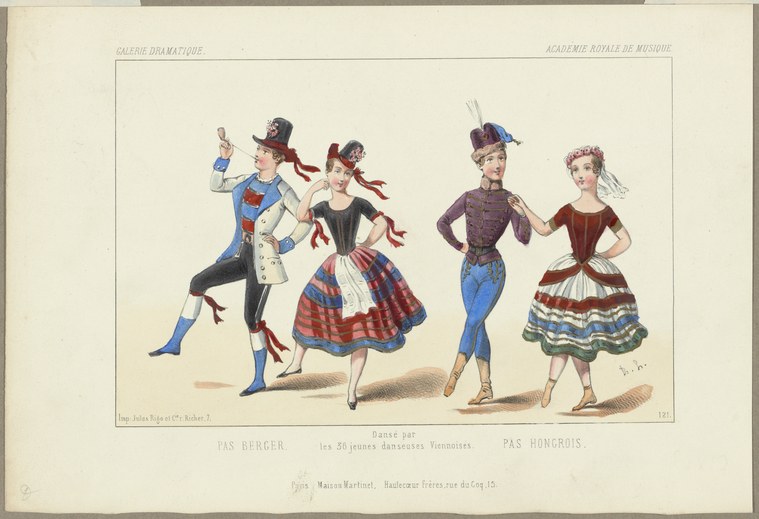 Five dancers in folk-inspired costumes, two in striped skirts with ornamental headdresses, arranged in a line with raised arms and animated poses.
