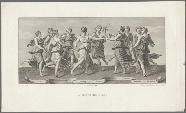 Nine barefoot women in flowing Greco-Roman drapery arranged in a spiraling dance composition, labeled as the classical Muses.