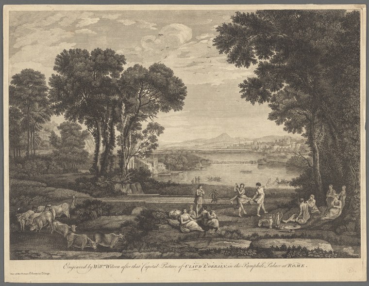 Eighteenth-century engraving of couples and small groups dancing and socializing in a pastoral landscape framed by tall trees, with a distant river and town