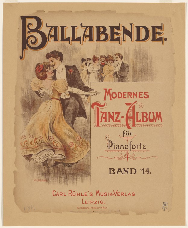 Man and woman in formal Edwardian dress dance a waltz in a ballroom, her golden gown swirling, while spectators watch in the background.