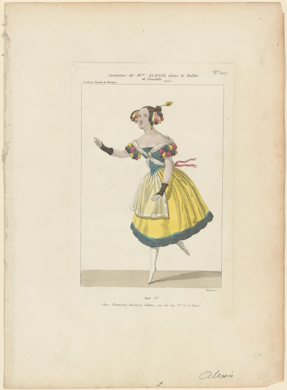 A female ballet dancer in a yellow skirt and ornate headdress, posed with raised arm in an elegant stance.