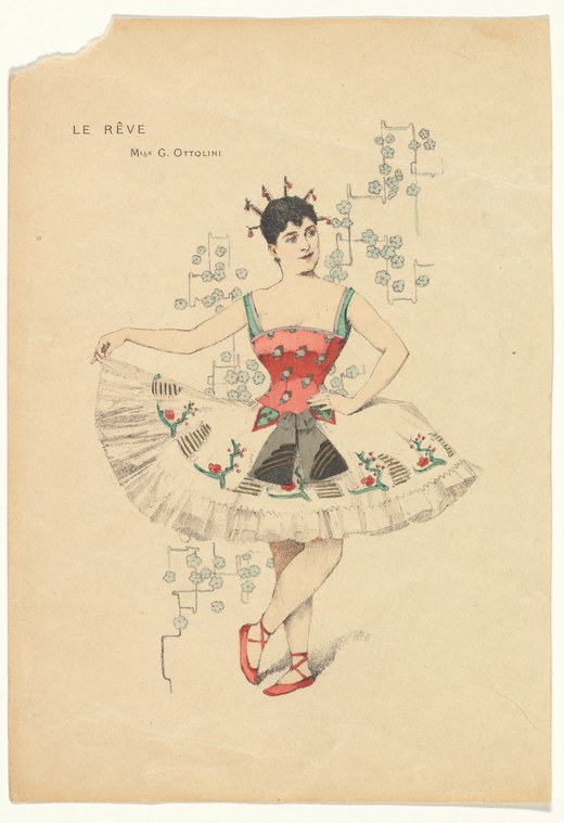 Woman in red corseted bodice and tiered white tulle skirt stands in balletic pose, gazing upward, surrounded by delicate line drawings of flowering vines.