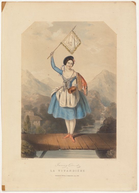 Fanny Cerrito in theatrical costume stands on a bridge, arm raised, holding a diamond-shaped flag, with romantic landscape behind.