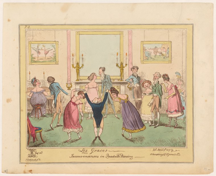 Hand-colored engraving of a Regency drawing room where dancers in fine dress have collided and fallen into chaos during a quadrille lesson.