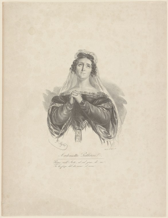 Engraved portrait of a woman in an off-shoulder dress and veil, gazing upward with hands drawing in draped fabric.