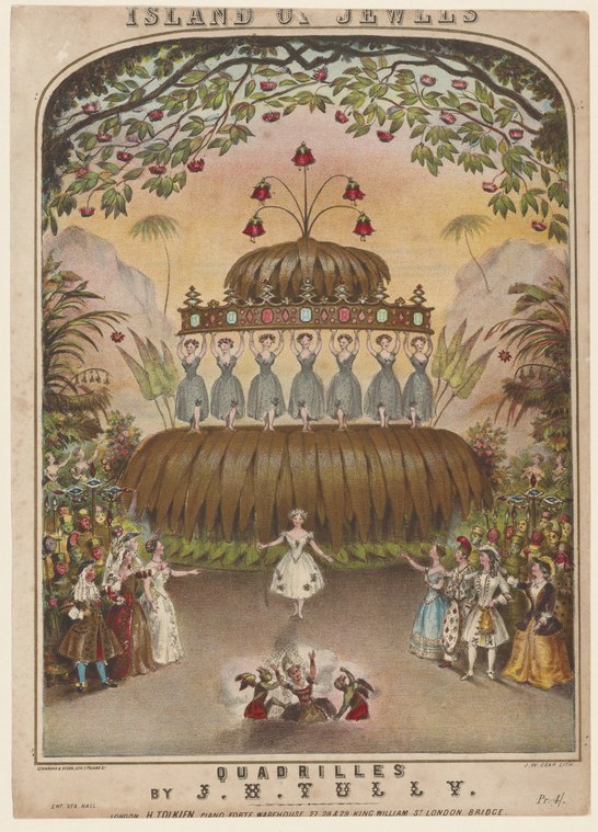 Engraving: woman in white ball gown dances before seven formally dressed figures on a shell-shaped structure, surrounded by audience in fantastical garden