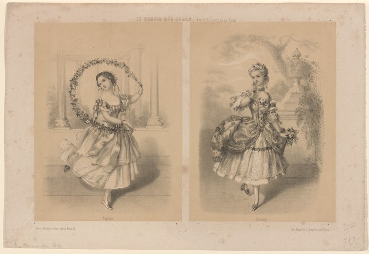 Two female ballet dancers in white Romantic-era tutus and pointe shoes, shown in separate framed panels, standing in classical ballet positions.