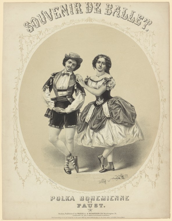 Two young women in Victorian dress perform a polka; left figure in male costume with jacket and short skirt, right in pale ball gown; theatrical souvenir print