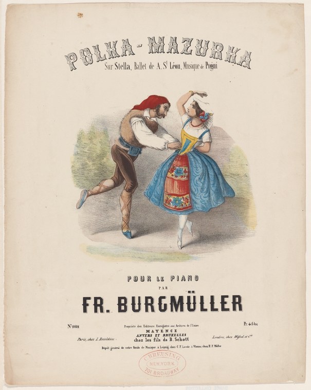 Male dancer in red cap lunges toward female dancer in white dress; both en relevé, reaching arms, narrative moment of pursuit and evasion.