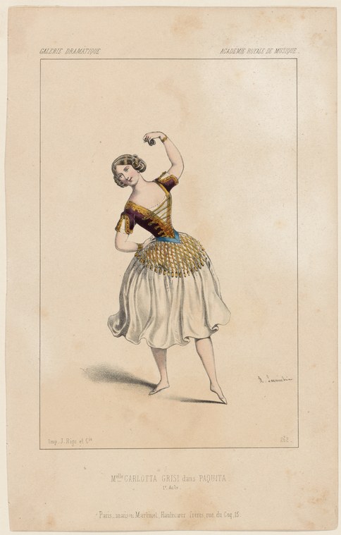 A female ballet dancer in a fitted gold bodice and white skirt, one arm raised, in a posed theatrical portrait from the 1840s.