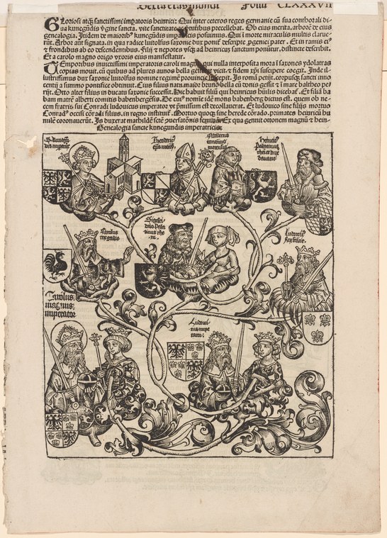 Engraving of nobles dancing the basse danse arranged symmetrically around a central coat of arms, with heraldic shields and foliate ornament.