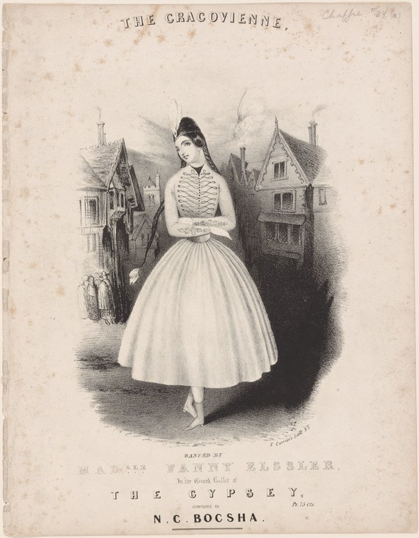 Female dancer in white tulle skirt and fitted bodice, posed upright against shadowed European townscape, mid-nineteenth-century engraving.