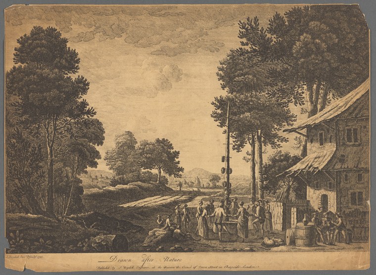 Engraving of a village gathering around a maypole, with figures in 18th-century dress assembled in an open space before a farmhouse.