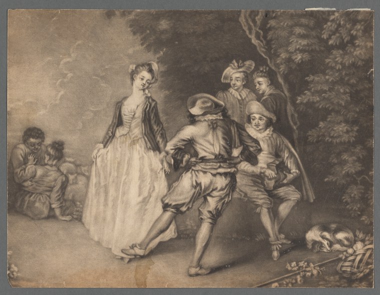 Engraving: man in breeches bows to upright woman in pale gown in wooded garden; three observers stand behind; cherubs play music at left.