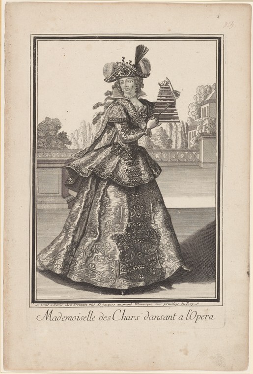 Engraving of a woman in elaborate baroque costume with feathered headdress, standing formally in front of a palace setting.