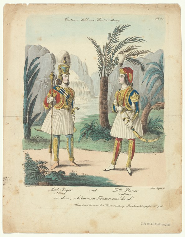 Two figures in military costume and feathered headdresses stand among tropical palms in a hand-colored engraving, facing each other.
