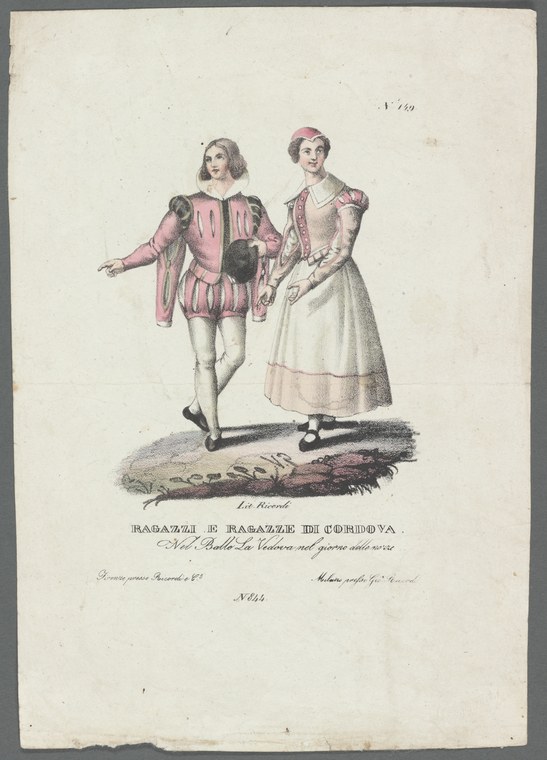 Two young dancers in Spanish costume: a boy in a pink slashed doublet with arm raised, a girl in a pink bodice and full skirt.