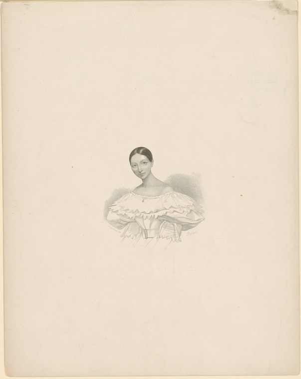 Stippled engraving of a woman with dark hair, wearing an off-shoulder Romantic-era ballet dress with enormous ruffled sleeves, shown as a bust-length portrait