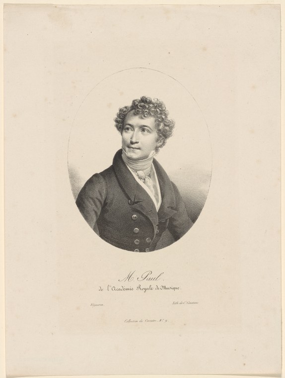 Engraving of a young man with curled hair in dark coat and white cravat, inscribed M. Paul de l'Académie royale de musique.