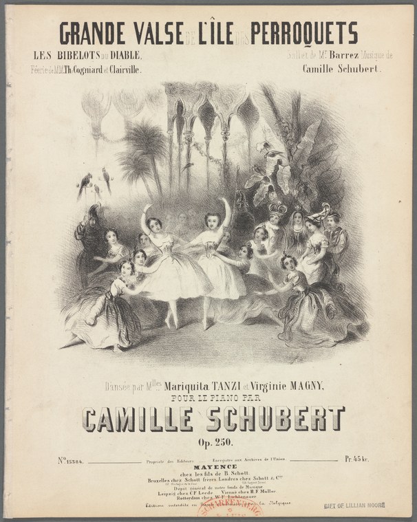 Two female ballet dancers in pale tutus perform amid exotic plants while a corps of dancers kneel or stand around them in an engraved theatrical scene.