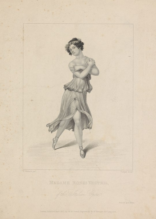 Engraving of a woman in a neoclassical draped tunic and bare shoulders, standing in a balletic pose with one leg extended.