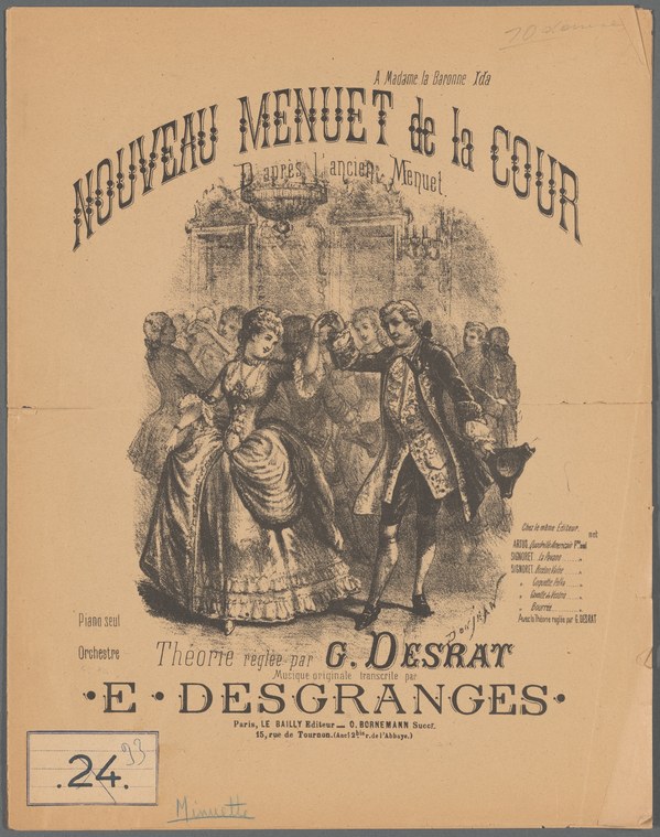 Engraving of an elegantly dressed couple in formal court dress, the woman in a full skirt, positioned in conversation in a ballroom setting.