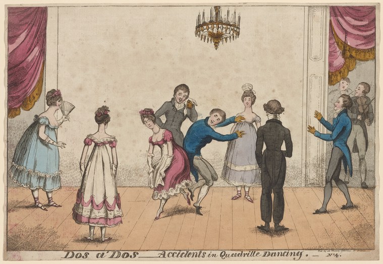 Hand-colored engraving of a gentleman stumbling during a formal ballroom quadrille, surrounded by Regency-dressed dancers in a chandelier-lit room.
