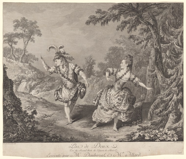 Two eighteenth-century female dancers in patterned gowns gesture expressively to each other in a woodland glade.