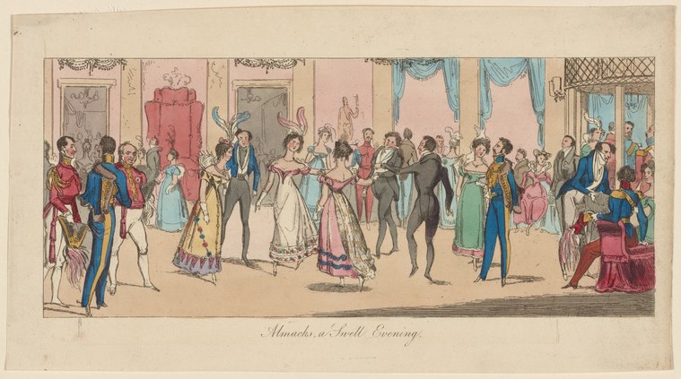 Hand-colored engraving of couples dancing in formal Regency dress in an elegant ballroom hung with blue silk curtains.