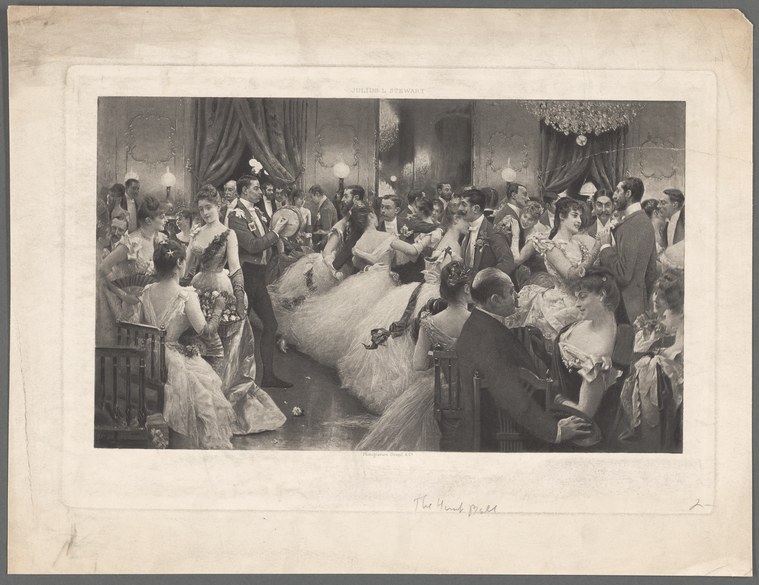 Engraving of a crowded Victorian ballroom with couples dancing in formal evening dress under a chandelier.