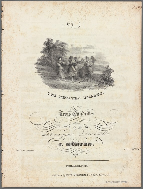 Five women in 1840s dress stand on a lawn in conversation; title reads 'Trois Quadrilles pour le piano'.