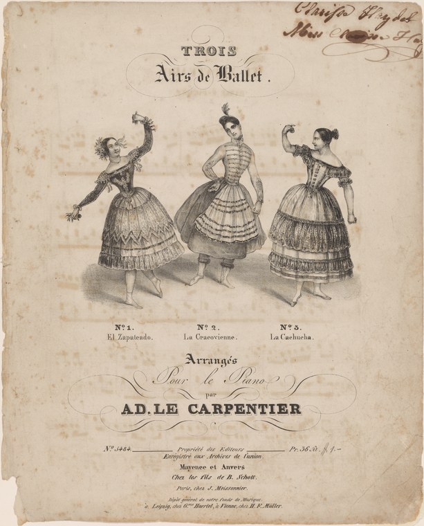 Three female dancers in 1830s costume: Spanish Zapateado (left, raised arms), Polish Cracovienne (center, composed), Spanish Cachucha (right, alert).